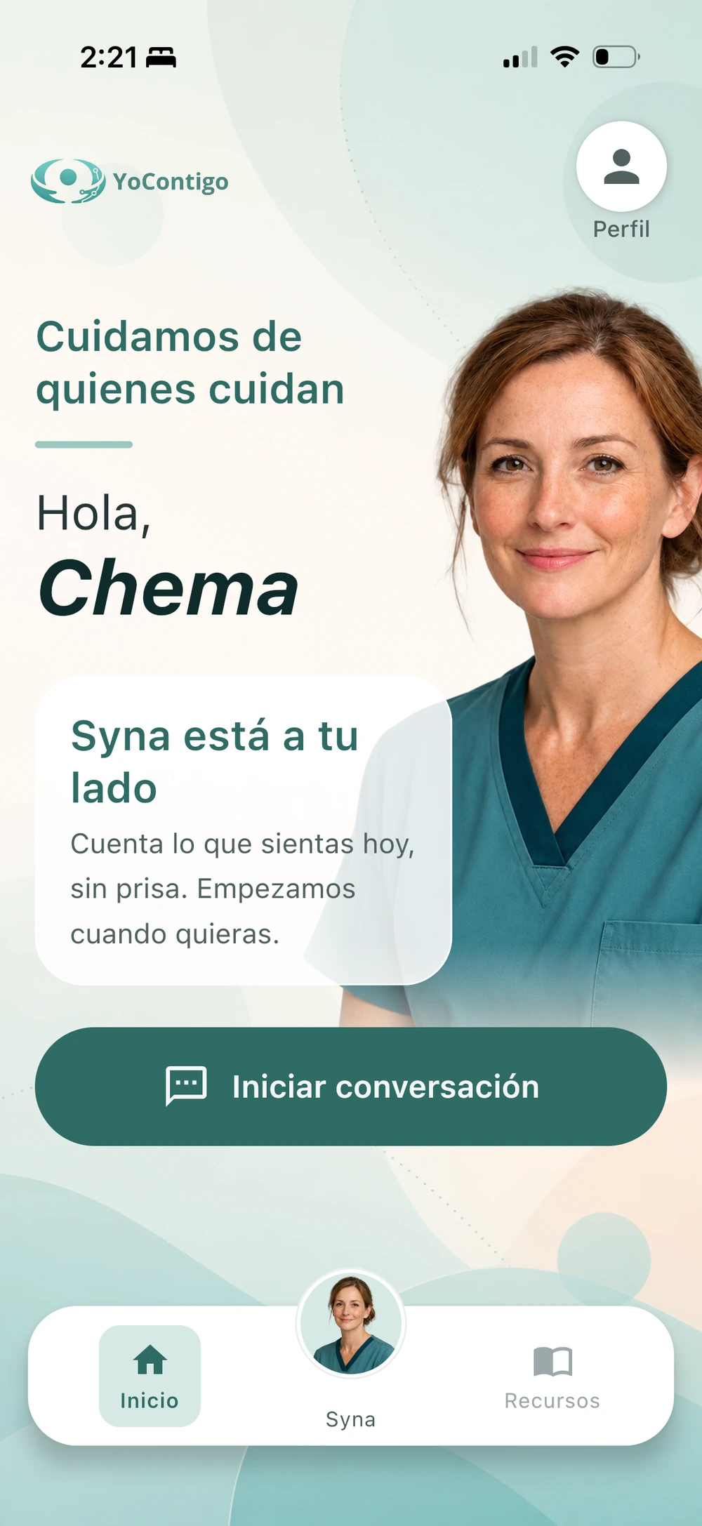 Pantalla de inicio de la app YoContigo: «Syna está a tu lado»