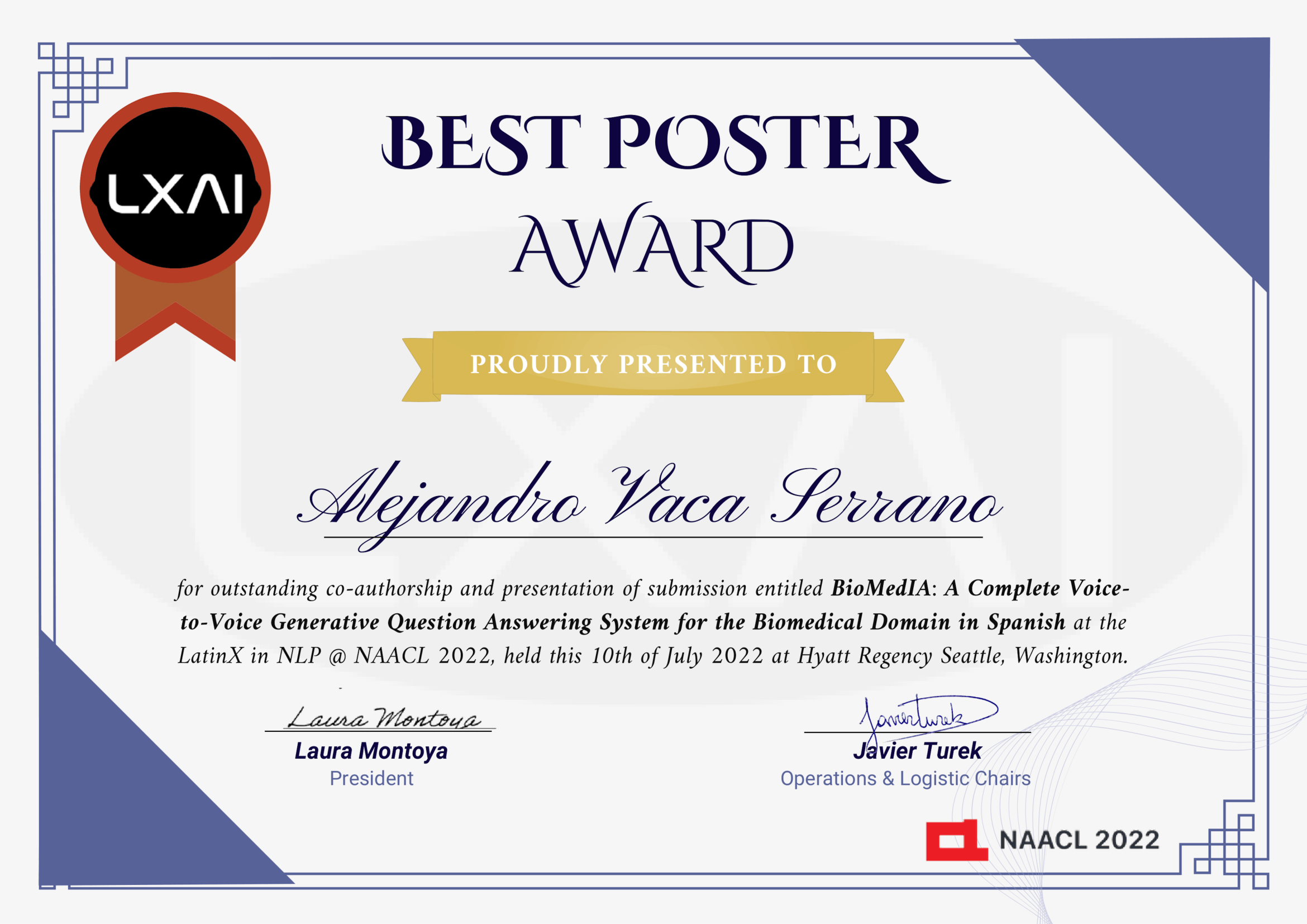 Diploma: Best Poster Presentation Award — NAACL 2022