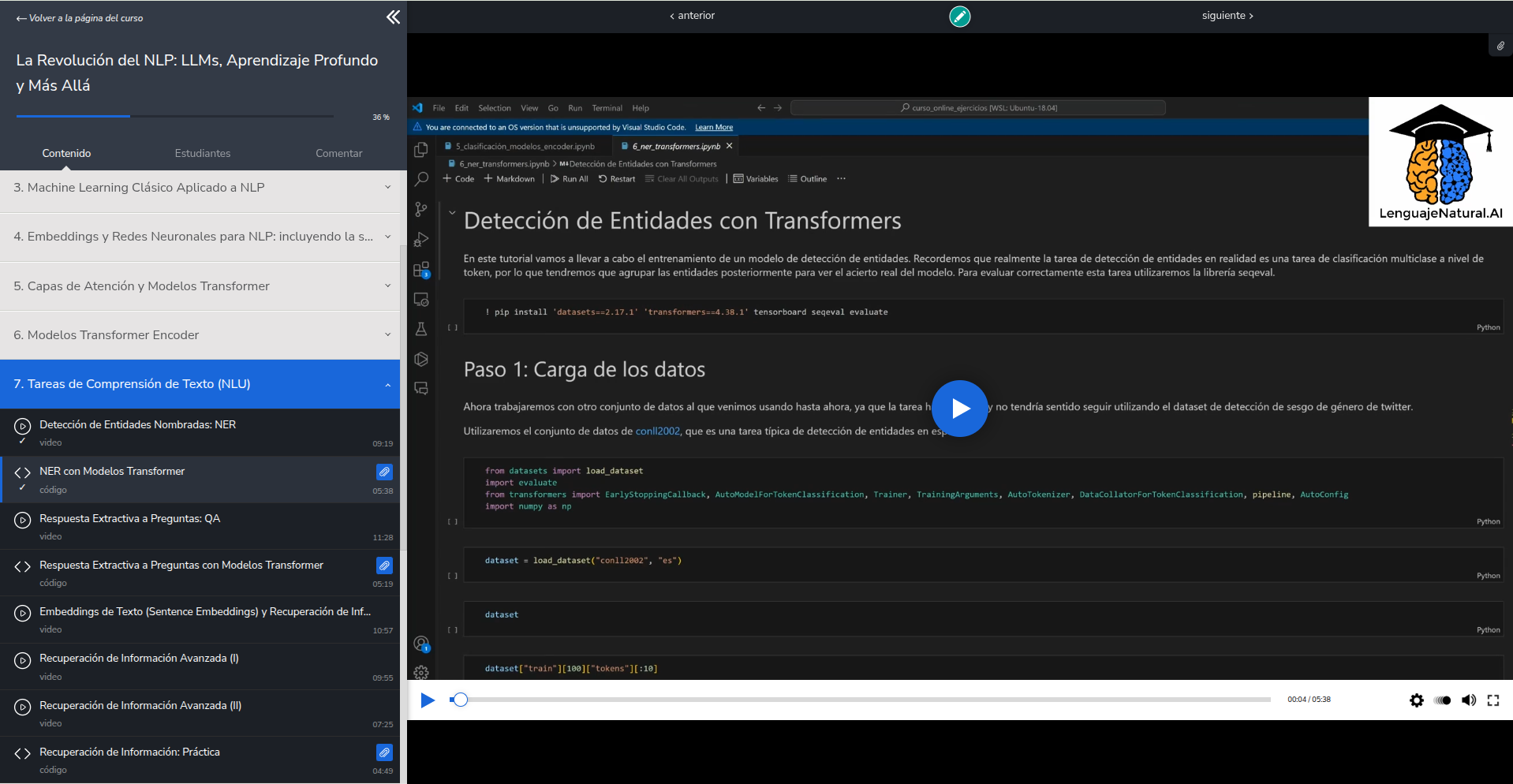 Ejercicio práctico en notebook: detección de entidades (NER) con Transformers.